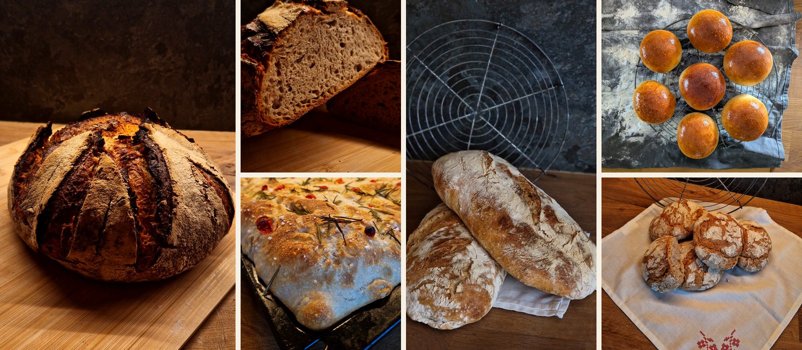 Loaves from our kitchen: Bauernkruste whole and sliced, focaccia with cherry tomatoes and rosemary, ciabatta, brioche burger buns and Vinschgauer rye rolls