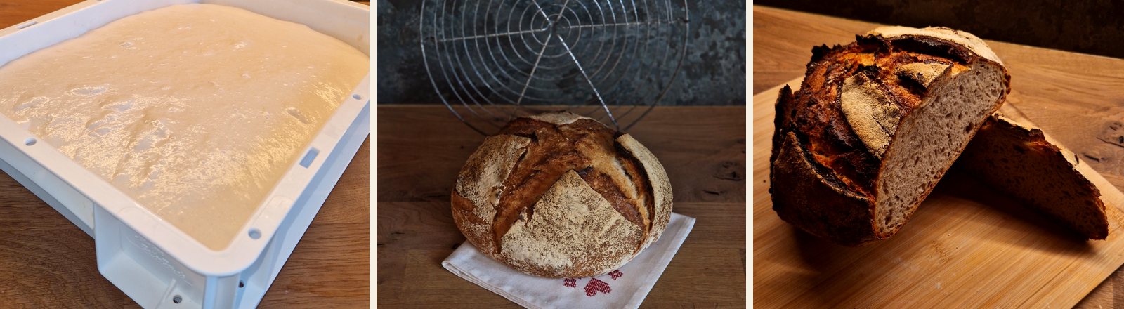 Focaccia dough risen in its box, a round Everyday Bread loaf on a linen cloth, and a sliced Bauernkruste on a wooden board