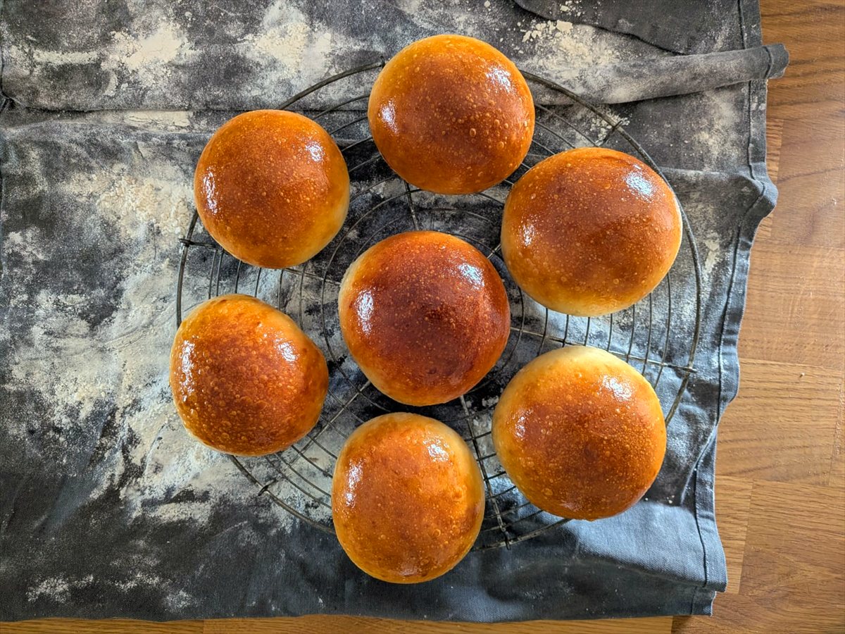 Seven golden sourdough brioche burger buns cooling on a wire rack