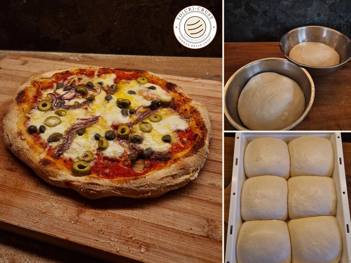 Sourdough Pizza with Poolish — a baked pizza with olives, anchovies and mozzarella, risen dough in a bowl and six dough balls in a box